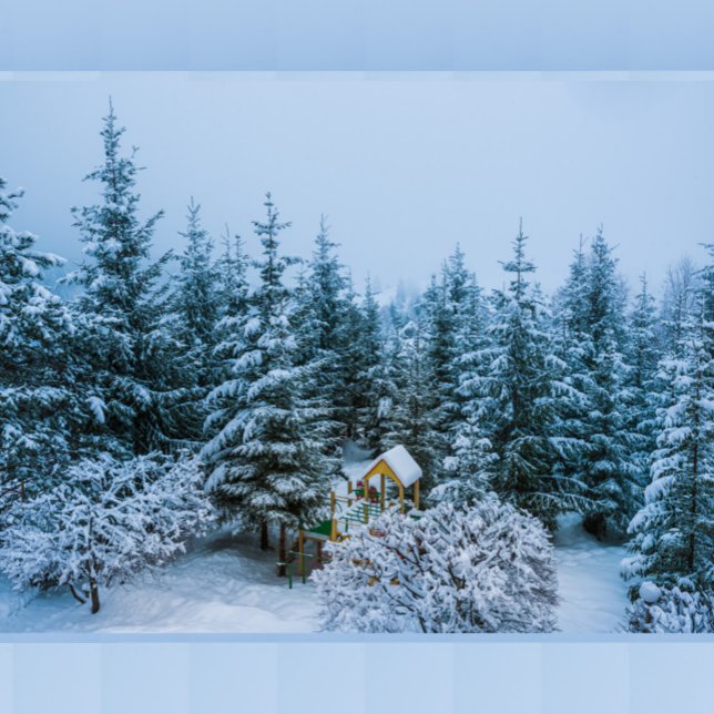 Bolsa Metalizado de árboles con nieve (A wide shot captures a snow-covered forest, with a playground nestled among the trees,)