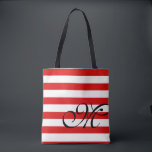 Bolsa Monograma y franjas toscas - Rojo<br><div class="desc">Personaliza con tu inicial. Bolsa de Monograma y Tiras Tote.  Disponible en rojo,  azul y otros colores como el violeta,  el gris lavanda,  el rosa y el amarillo. verde agua y azul marino.  Por favor,  vea nuestra colección de "bolsos tote" para ver los otros colores.</div>