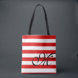 Bolsa Monograma y franjas toscas - Rojo<br><div class="desc">Personaliza con tu inicial. Bolsa de Monograma y Tiras Tote.  Disponible en rojo,  azul y otros colores como el violeta,  el gris lavanda,  el rosa y el amarillo. verde agua y azul marino.  Por favor,  vea nuestra colección de "bolsos tote" para ver los otros colores.</div>