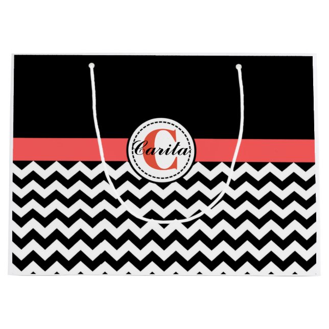 Bolsa Monogramada de regalo de chevron negro/blanc (Anverso)
