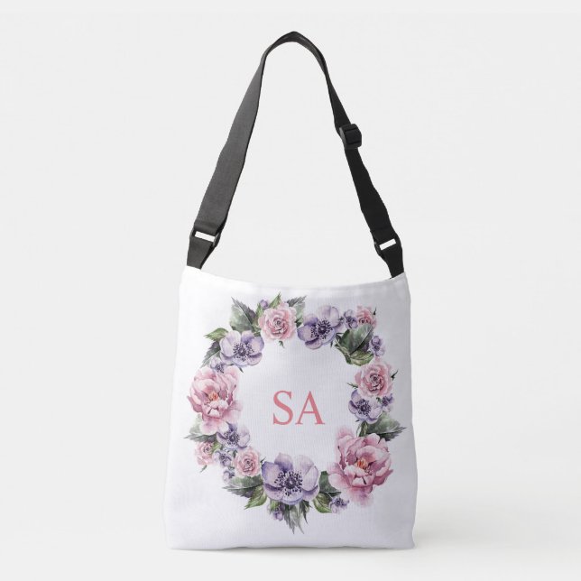 Bolsa monogramada de tote con flores moradas rosad (Anverso)