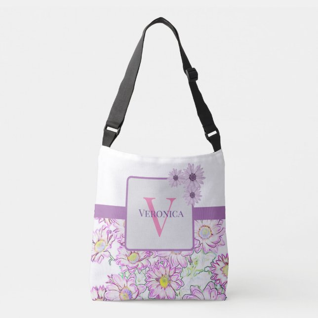 Bolsa Monogramada De Tote Floral Blanca Y Púrpura (Anverso)