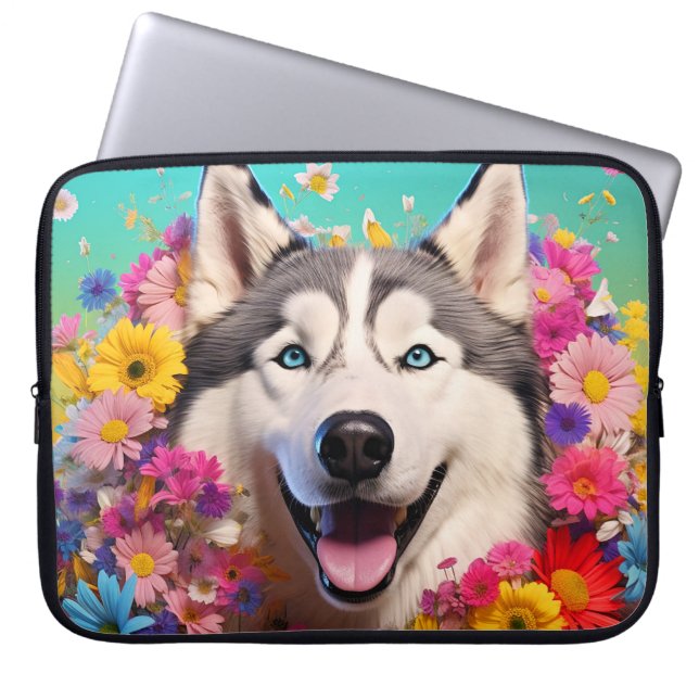 Bolsa para portátiles Husky Dog con diseño floral (Frente)