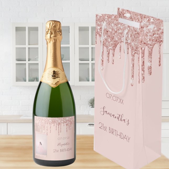 Bolsa Para Vino 21 cumpleaños rosa oro purpurina gotea nombre (Subido por el creador)