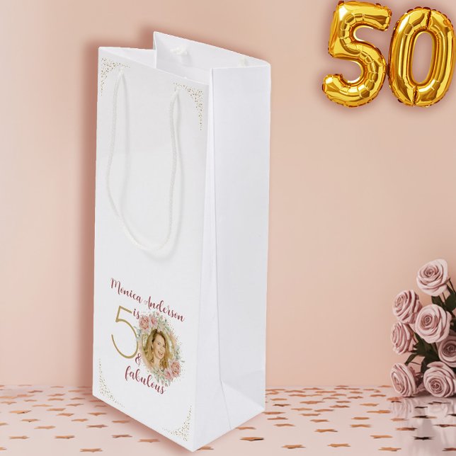 Bolsa Para Vino  50 and Fabulous Pink Floral Gold Photo Birthday (50 and Fabulous Pink Floral Gold Photo Birthday Wine Gift Bag)