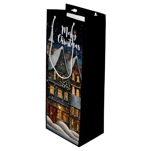Bolsa Para Vino Aldea de invierno Feliz Navidad (Angulo Anverso)
