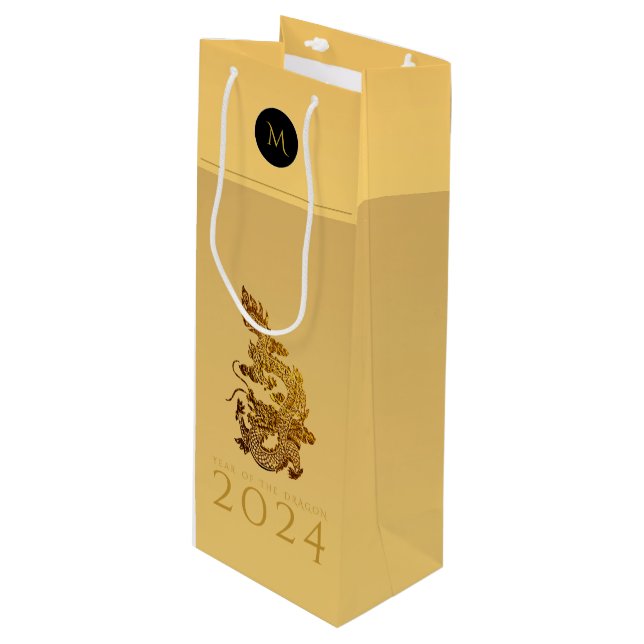 Bolsa Para Vino Año Dragón Chino 2024 Elegante Monograma WGB (Angulo Anverso)