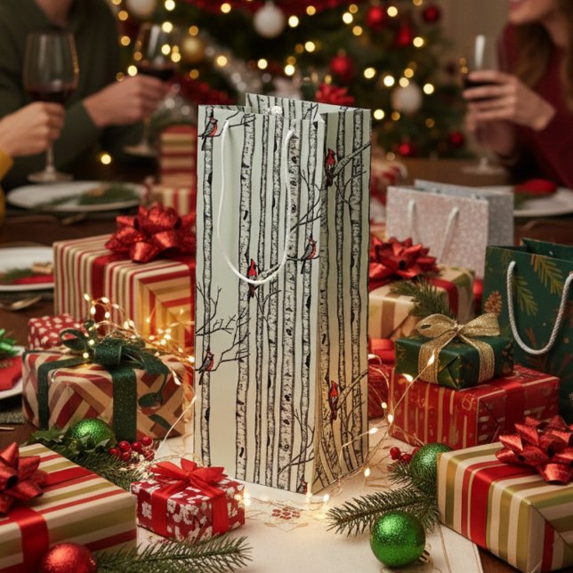 Bolsa Para Vino Árboles de aves modernos y aves cardinales rojas (Festive Merry Christmas Rustic Birch Trees & Red Cardinal Birds Winter Wine Gift Bag in Sage.)