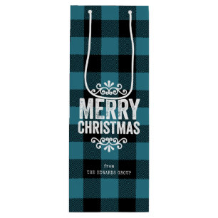 Bolsa Para Vino Azul y Negro Búfalo Cuadros Rústico Navidad