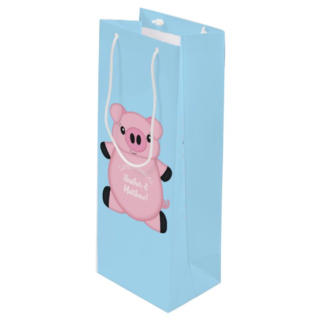 Bolsa Para Vino Baby Shower de cerdo azul (Angulo Anverso)