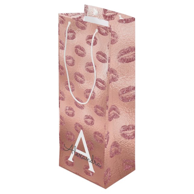 Bolsa Para Vino Besos de pintalabios de oro rosado de rosa Monogra (Angulo reverso)