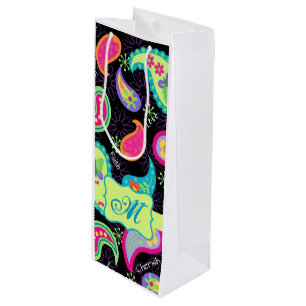 Bolsa Para Vino Black Lime Green Monograma Personalizado Paisley