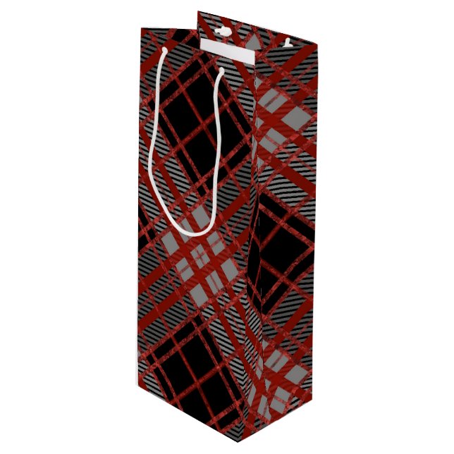 BOLSA PARA VINO BLACK RED GRAY HALLOWEEN PLAID PATTERN (Angulo Anverso)