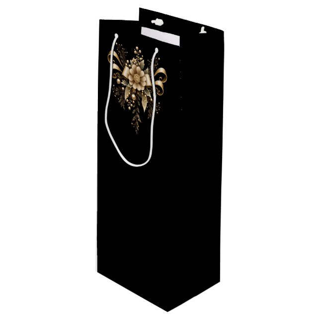 BOLSA PARA VINO BLACK WITH ORNATE GOLD HOLIDAY BOW & RIBBONS (Angulo Anverso)