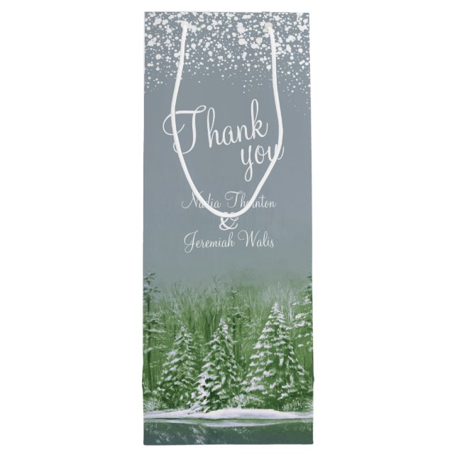 Bolsa Para Vino Boda de pinos de invierno verde arte gris gracias (Reverso)