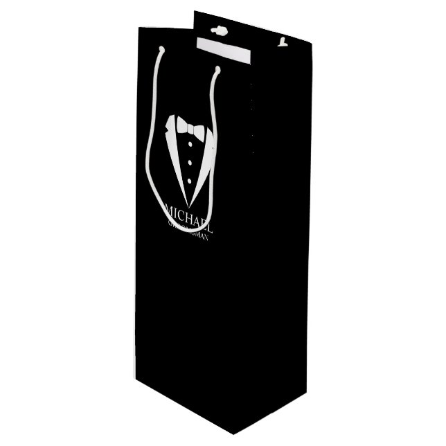 Bolsa Para Vino Boda negro Tuxedo Suit Groomsmen personalizado (Angulo Anverso)