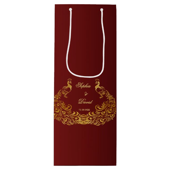 Bolsa Para Vino Boda Real Burgundy Gold Peacock (Anverso)