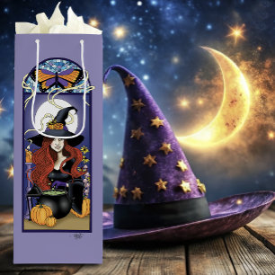 Bolsa Para Vino Bruja de Otoño Art Nouveau Calabazas Luna Púrpura