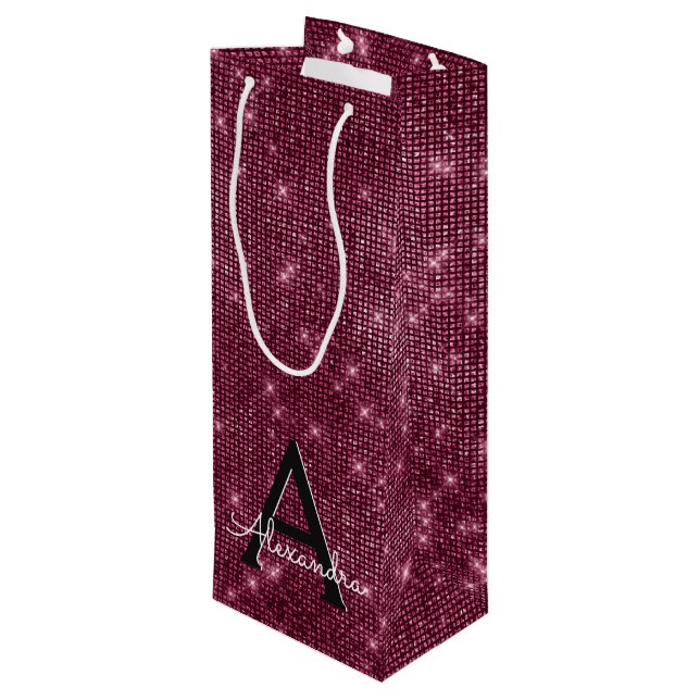 Bolsa Para Vino Burgundy Sparkle Monograma - Añadir tu nombre (Angulo reverso)