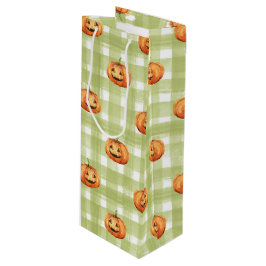 BOLSA PARA VINO CALABAZAS NARANJAS CON CUADROS VERDES Y BLANCOS