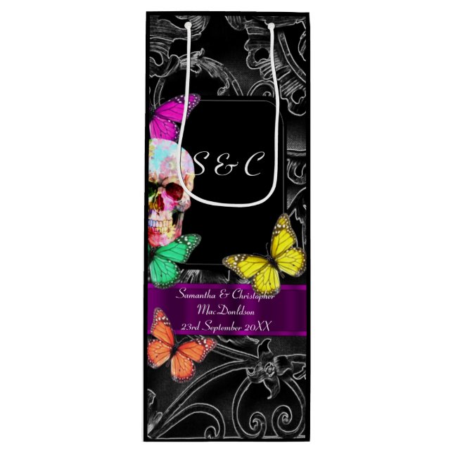 Bolsa Para Vino Calavera gótica y boda personalizado negro (Anverso)