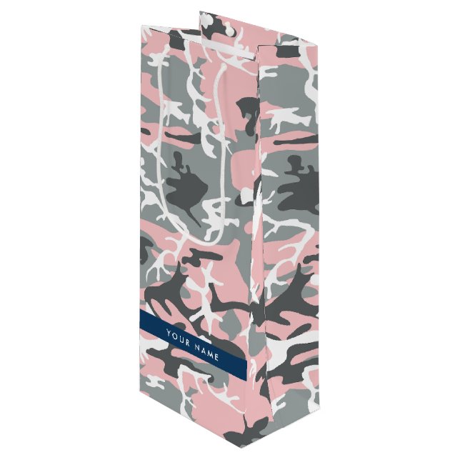 Bolsa Para Vino Camuflaje rosa y gris Tu nombre Personaliza (Angulo Anverso)