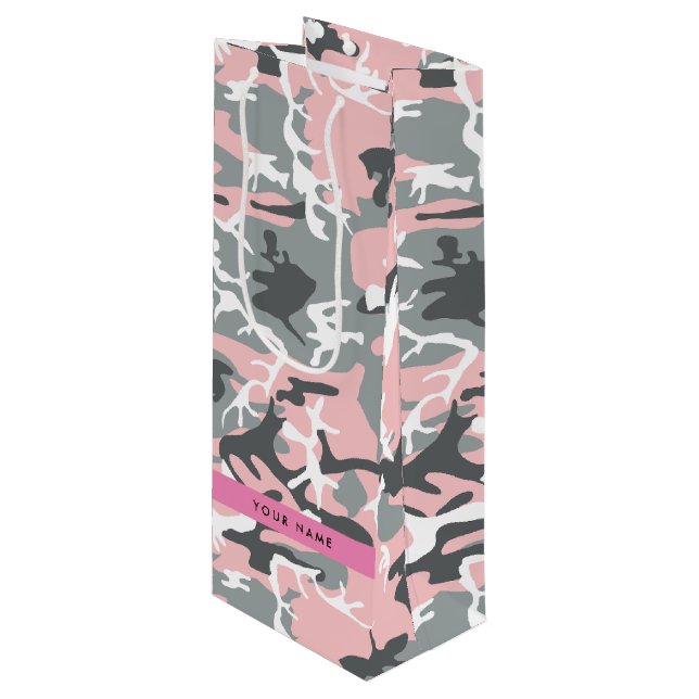 Bolsa Para Vino Camuflaje rosa y gris Tu nombre Personaliza (Angulo Anverso)