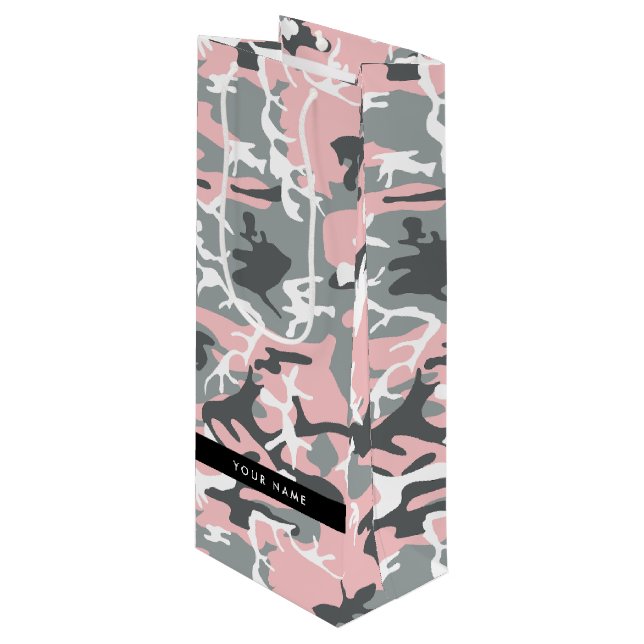 Bolsa Para Vino Camuflaje rosa y gris Tu nombre Personaliza (Angulo Anverso)