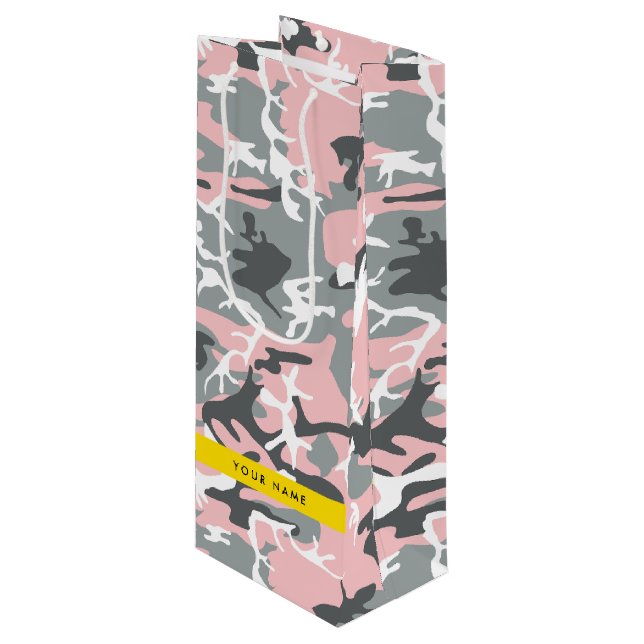 Bolsa Para Vino Camuflaje rosa y gris Tu nombre Personaliza (Angulo Anverso)