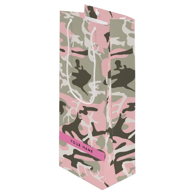 Bolsa Para Vino Camuflaje rosa y verde Tu nombre Personaliza (Angulo Anverso)