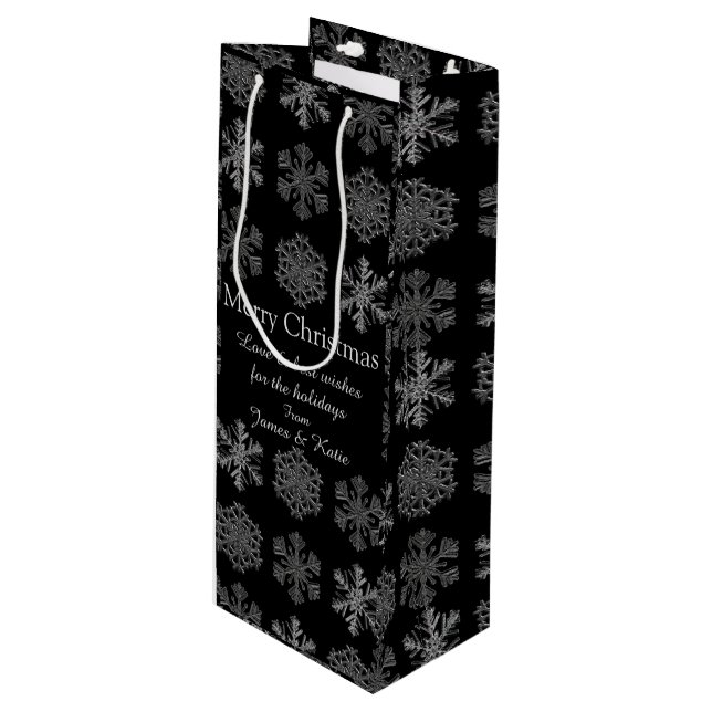 Bolsa Para Vino Copos de nieve en negro elegante personalizado (Angulo Anverso)