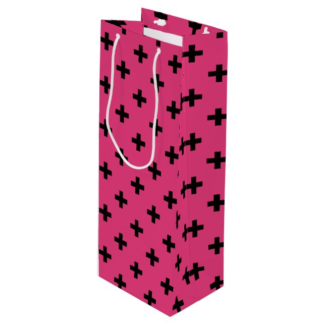 Bolsa Para Vino Cruces de polka negra en fucsia (Angulo Anverso)