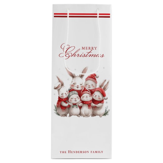 Bolsa Para Vino Cute bunnios y nombre personalizado Feliz Navidad  (Anverso)