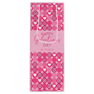 Bolsa Para Vino Cute Galentine's Day Pink Heart and Flower Pattern