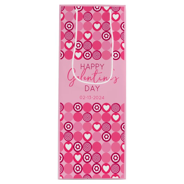 Bolsa Para Vino Cute Galentine's Day Pink Heart and Flower Pattern (Anverso)