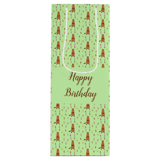 Bolsa Para Vino Cute Groundhog y Tulip Flowers Personalizado Birth (Anverso)
