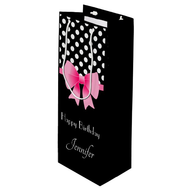 Bolsa Para Vino Cute Lazo Rosa Script Cumpleaños Feliz (Angulo Anverso)