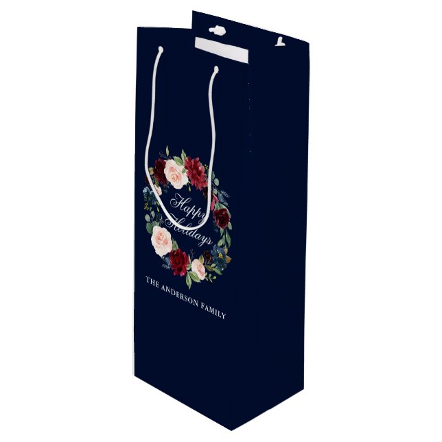 Bolsa Para Vino Elegante acuarela Floral Wreath Felices Fiestas (Angulo Anverso)
