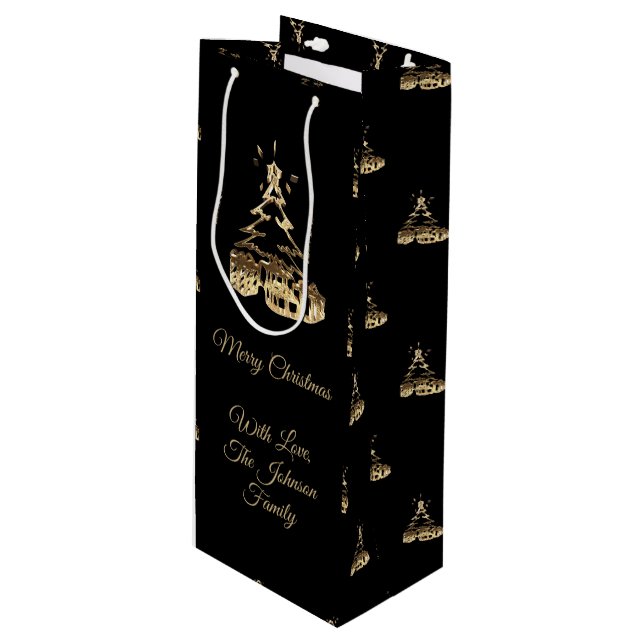 Bolsa Para Vino Elegante Árbol de Feliz Navidad Negro y Oro Aspect (Angulo Anverso)