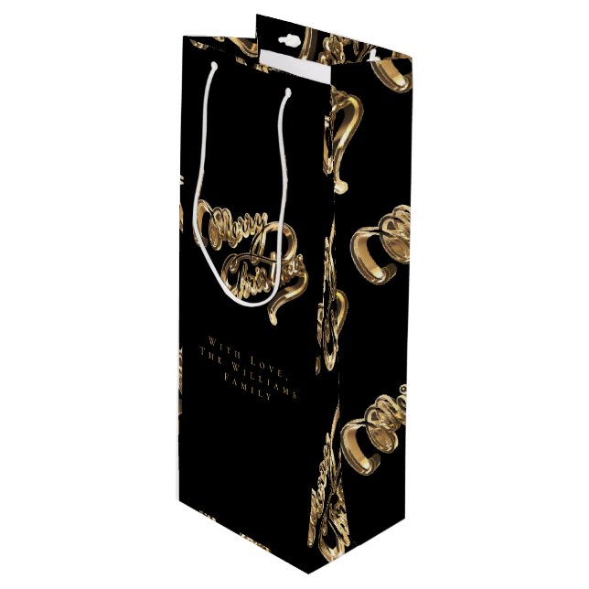 Bolsa Para Vino Elegante Black and Gold Look Script Feliz Navidad (Angulo Anverso)