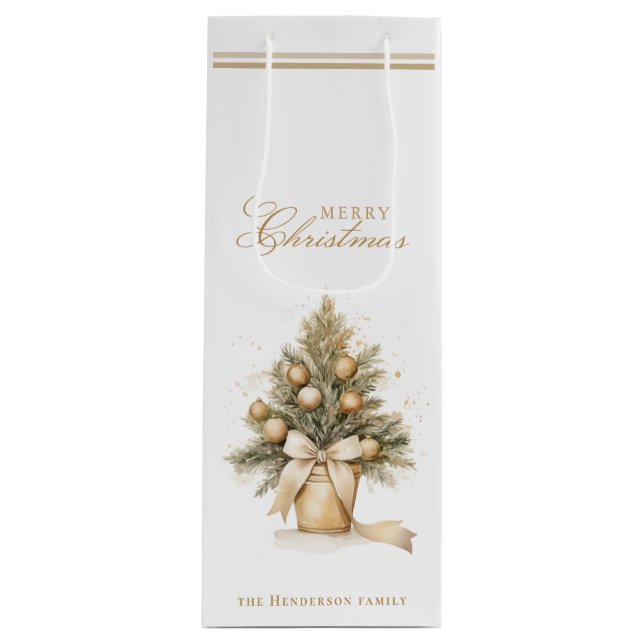Bolsa Para Vino Elegante Gold Merry Christmas Tree Custom Name (Anverso)