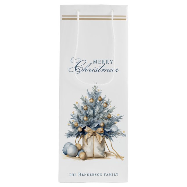 Bolsa Para Vino Elegante Merry Christmas Tree Gold Blue Custom Nam (Anverso)