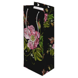 Bolsa Para Vino Elegante patrón de bordado floral fondo negro