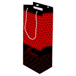 Bolsa Para Vino Elegante patrón de Corazón Rojo y Negro, nombre