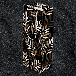 Bolsa Para Vino Elegante patrón de hojas de Purpurina negro y oro