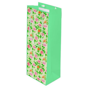 Bolsa Para Vino Elegante patrón de rosas florales hojas verdes-236