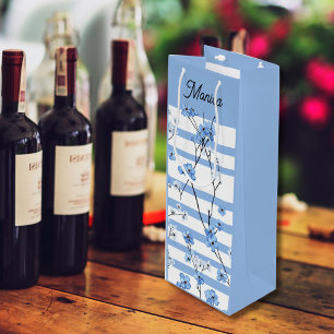 Bolsa Para Vino Elegantes flores azules diseño de rayas