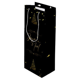 Bolsa Para Vino Elegantes Navidades en negro y oro entreteniéndose