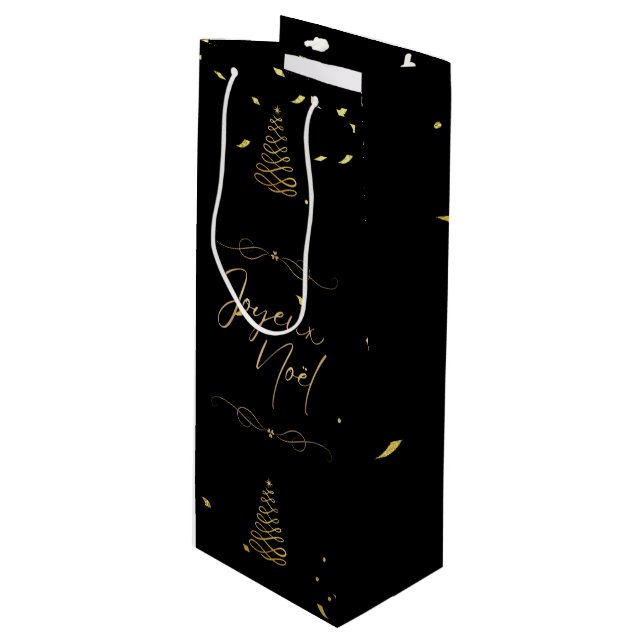 Bolsa Para Vino Elegantes Navidades en negro y oro entreteniéndose (Angulo Anverso)