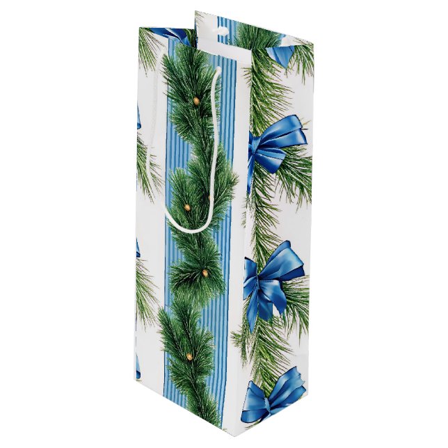 BOLSA PARA VINO EVERGREEN GARLAND BLUE HOLIDAYS BOWS & STRIPES (Angulo Anverso)